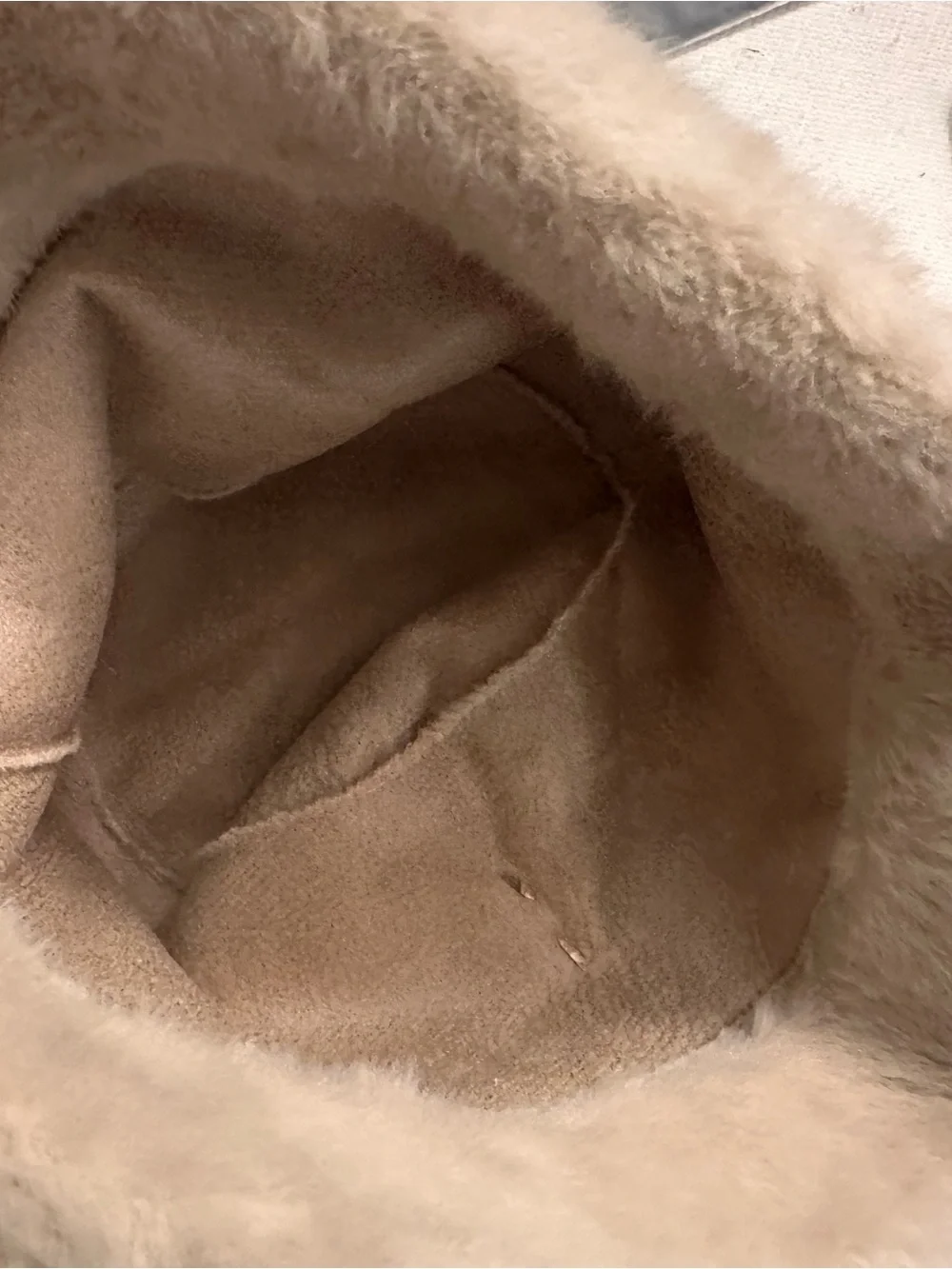 Source Unknown Beige Faux Fur Bucket Hat with Gold Logo Pin